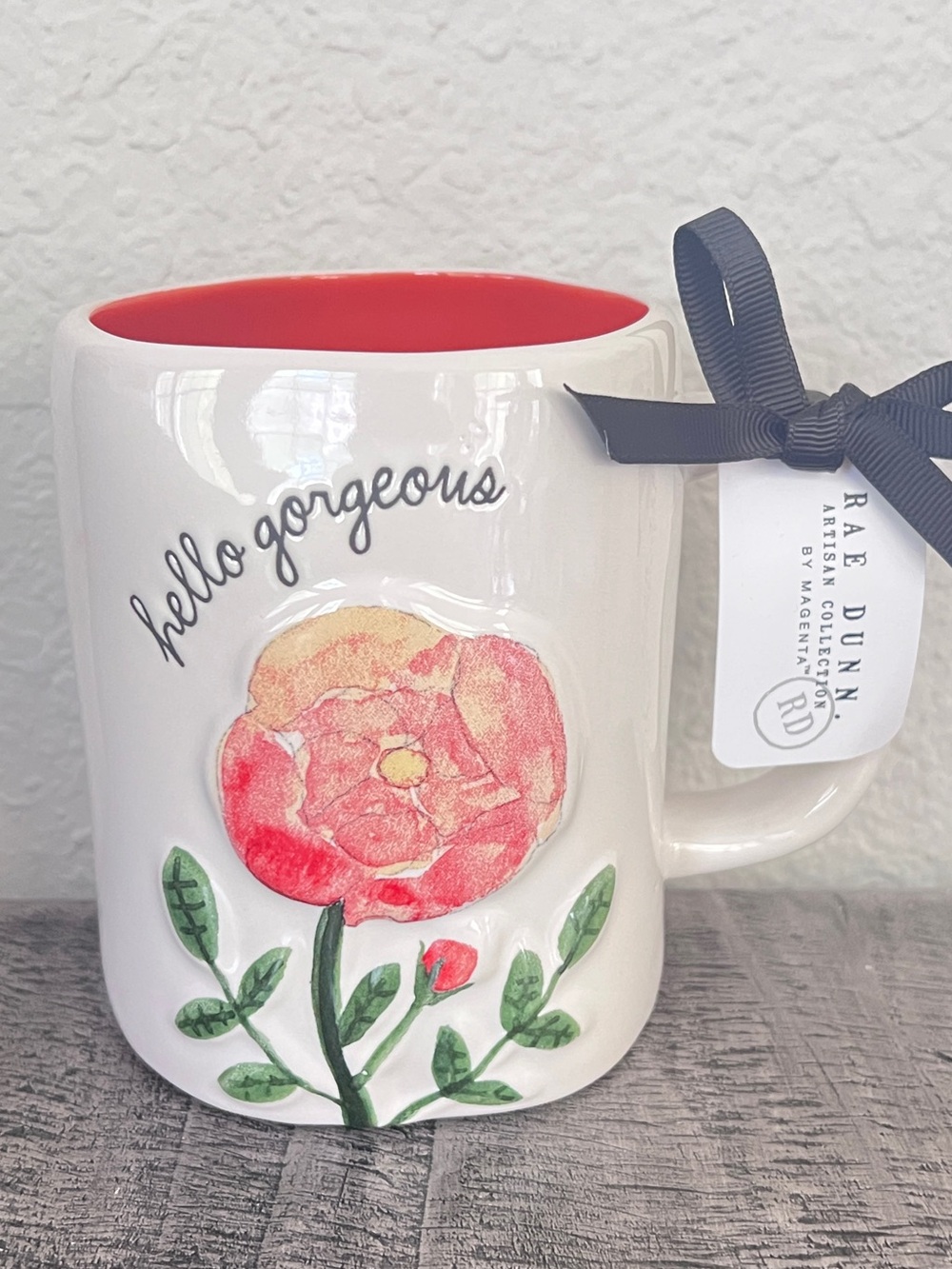 Rae Dunn “Hello Gorgeous” Spring Flower Floral Ceramic Mug - Orange Interior
